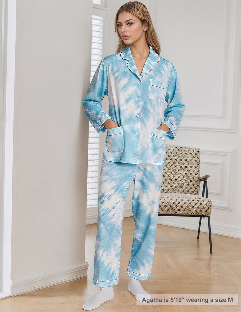 Blue tie-dye women's pajama set with button-front top and matching long pants