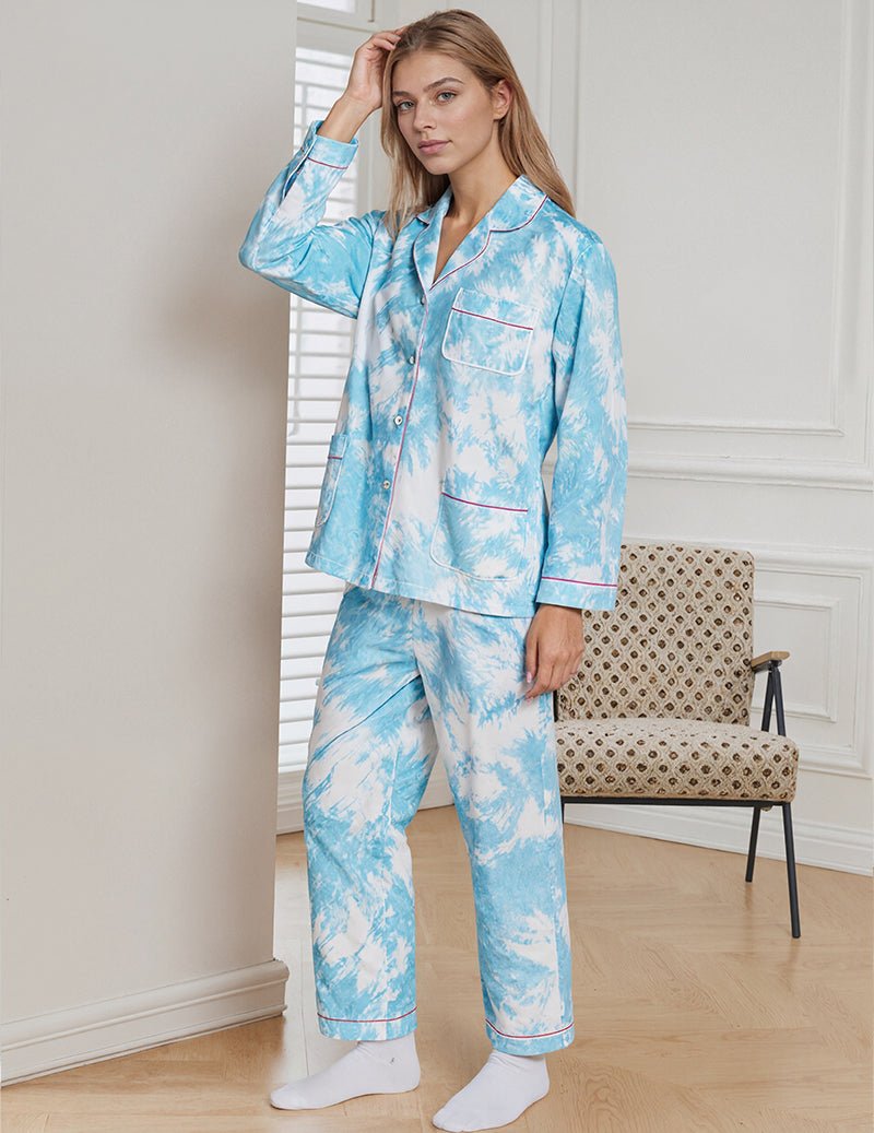 Blue tie-dye women's pajama set, long-sleeve button top and cuffed long pants