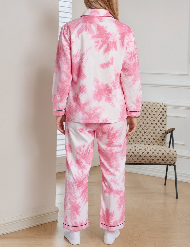 Pink tie-dye women's pajama set, back view of button top and long pants