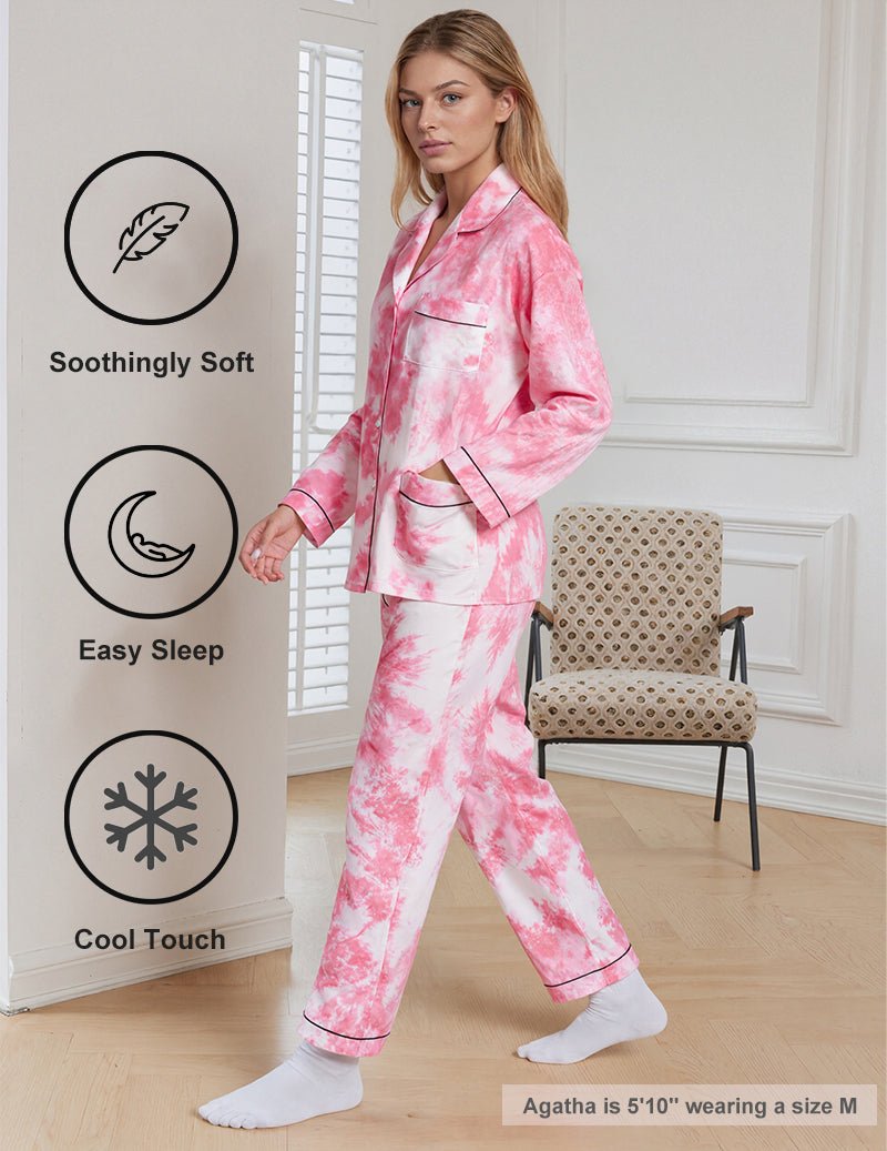 Pink tie-dye women's pajama set, long-sleeve button top with cuffed pants