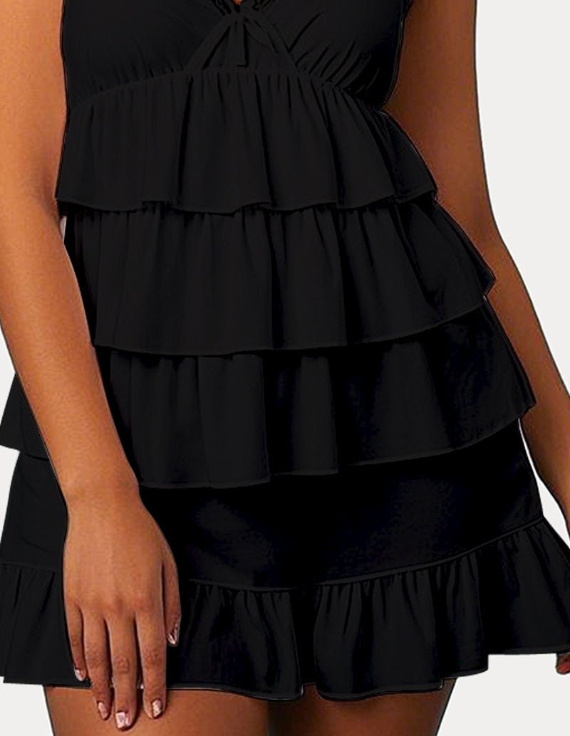 Black tiered ruffle cami nightgown skirt and bodice detail with gathered waist