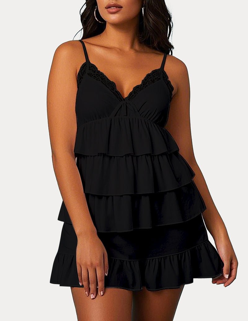 Black cotton cami nightgown with lace-trim V neckline and tiered ruffle skirt