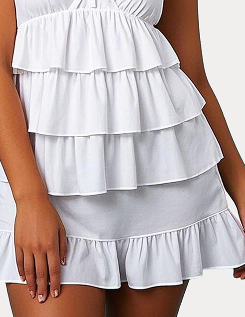 White tiered ruffle cami nightgown bodice and skirt detail, adjustable straps