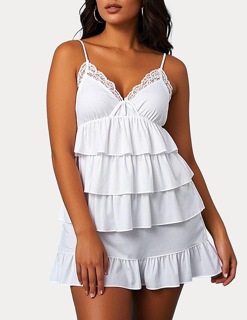 White cotton cami nightgown with lace-trim V neckline and tiered ruffle skirt