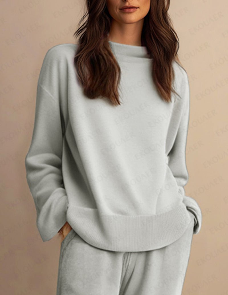 Light grey lounge set with crewneck sweatshirt and matching lounge pants