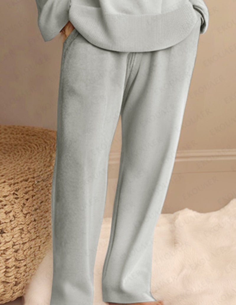 Light grey lounge pants with straight legs and elastic waistband