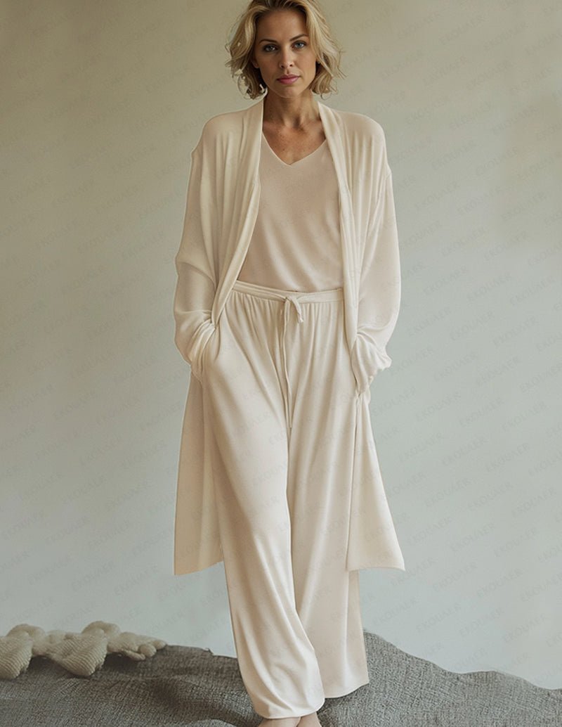 Apricot lounge set with V-neck top, draped cardigan, and relaxed wide-leg pants