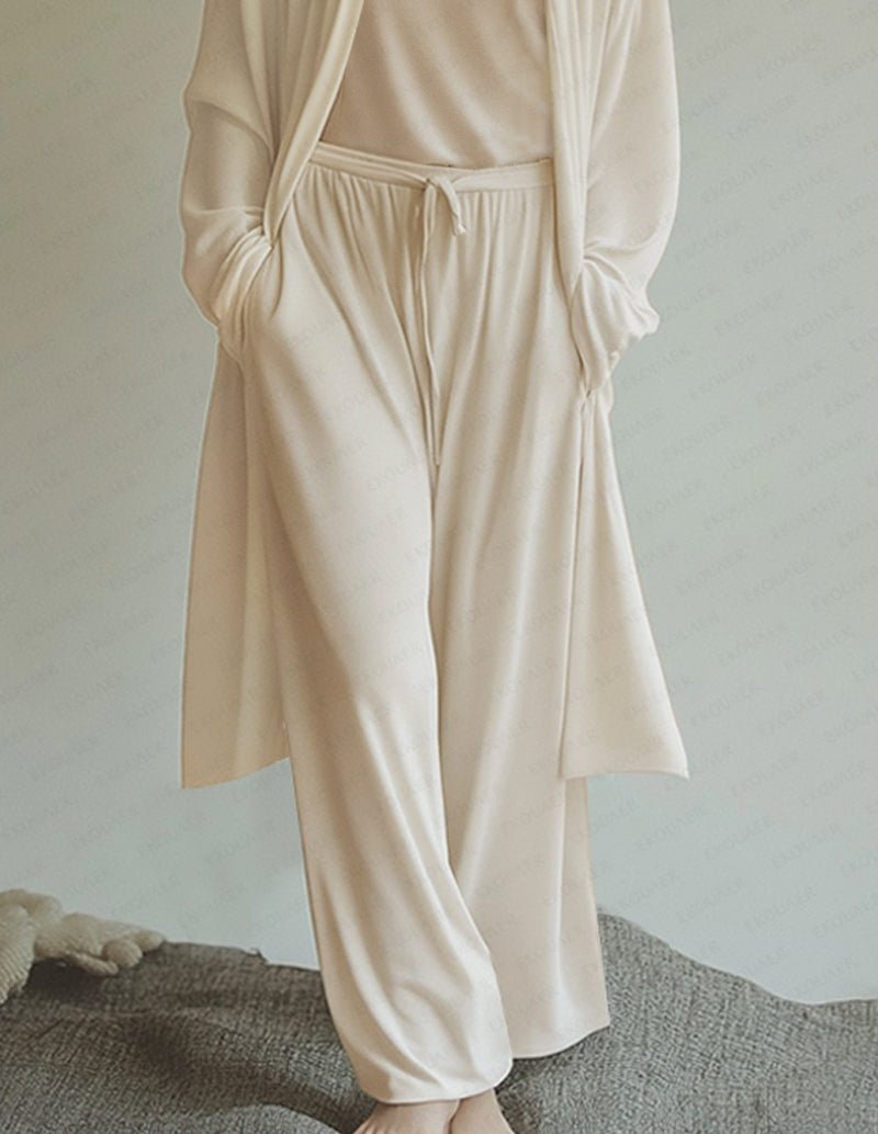 Apricot drawstring lounge pants with wide legs and long cardigan hem