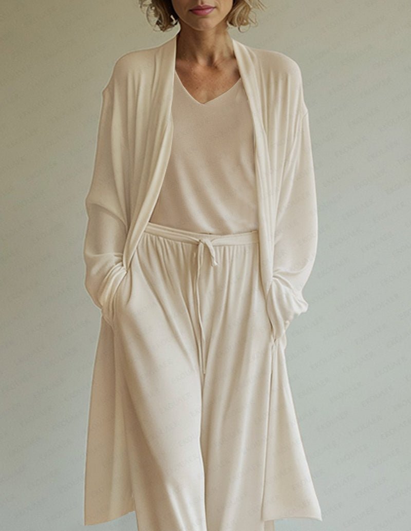 Apricot 3-piece lounge set: V-neck top, open cardigan, and drawstring pants