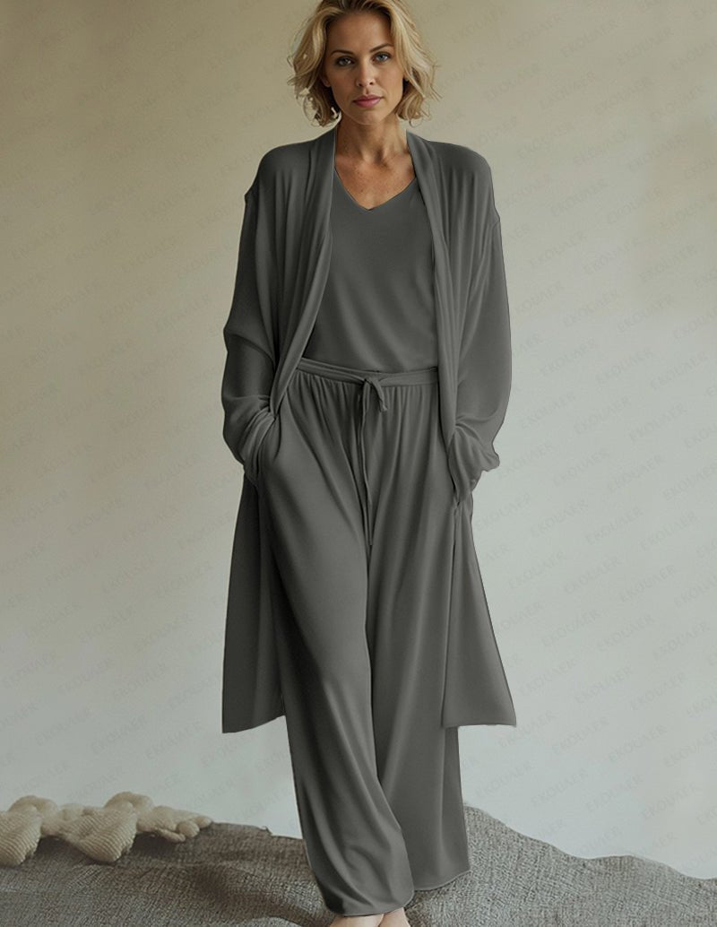 Dark grey lounge set with V-neck top, open cardigan, and relaxed wide-leg pants
