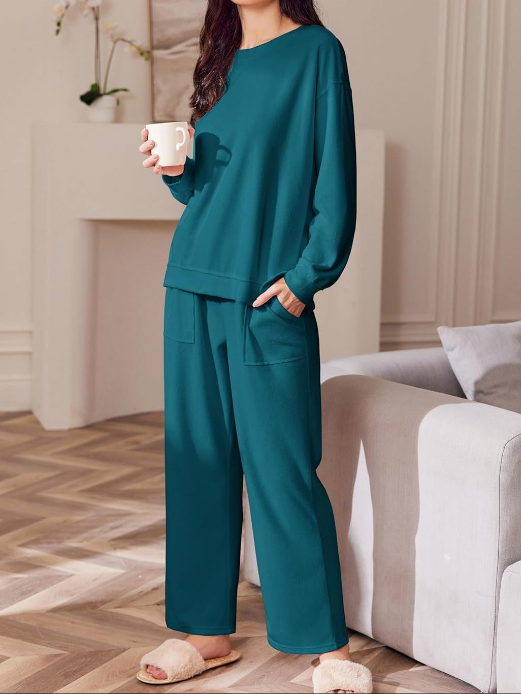 Blue green microfleece 2-piece tracksuit: crewneck long-sleeve top & wide-leg pants