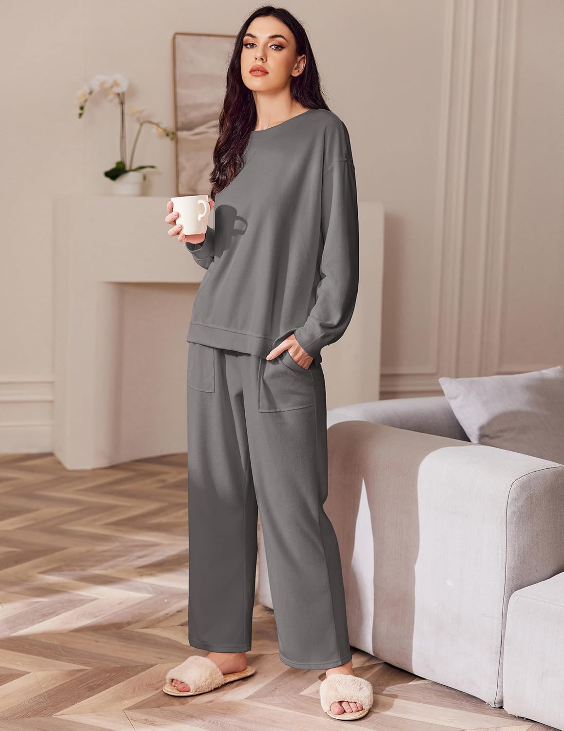 Light grey 2-piece micro fleece tracksuit set: long-sleeve top and wide-leg pants