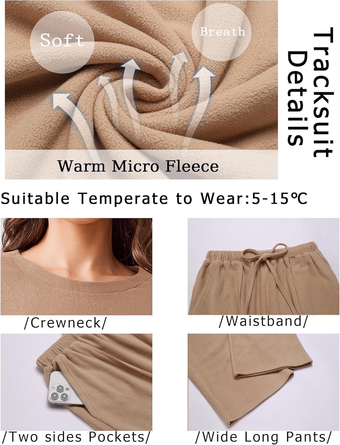 Warm micro fleece lounge set: soft crewneck top, drawstring waistband, side pockets