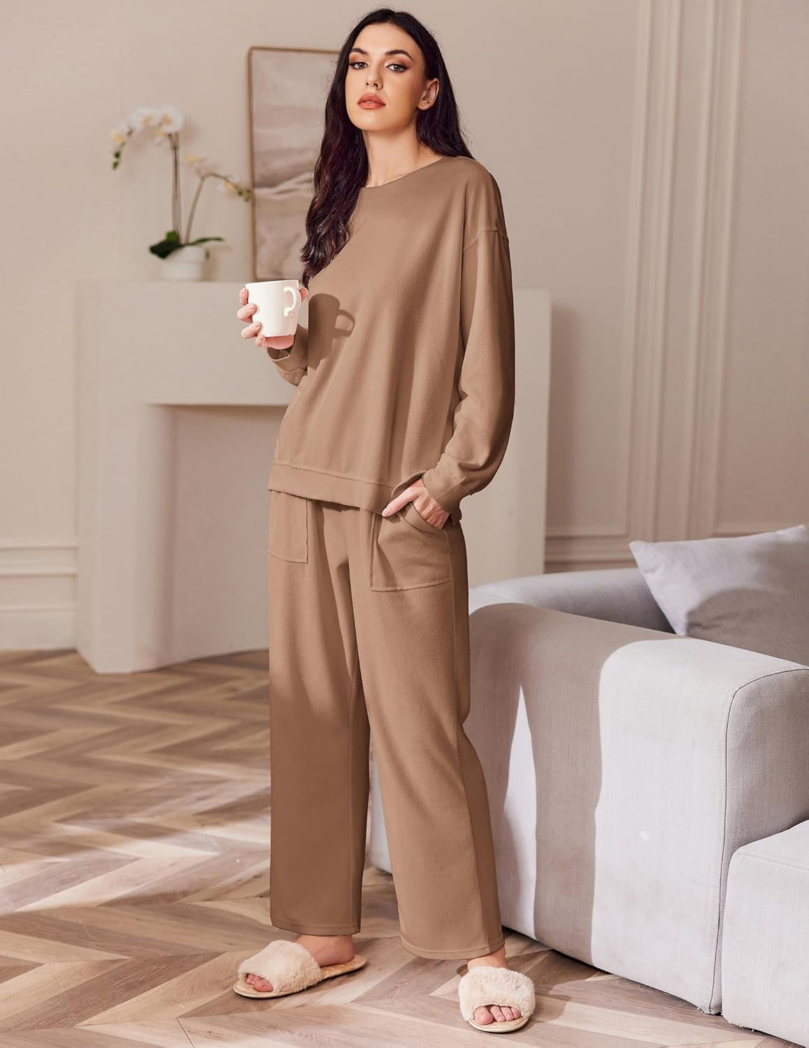 Khaki microfleece 2-piece tracksuit: crewneck long-sleeve top & wide-leg pants