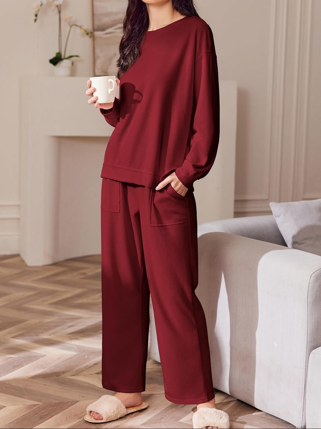 Wine red microfleece 2-piece tracksuit: crewneck long-sleeve top & wide-leg pants