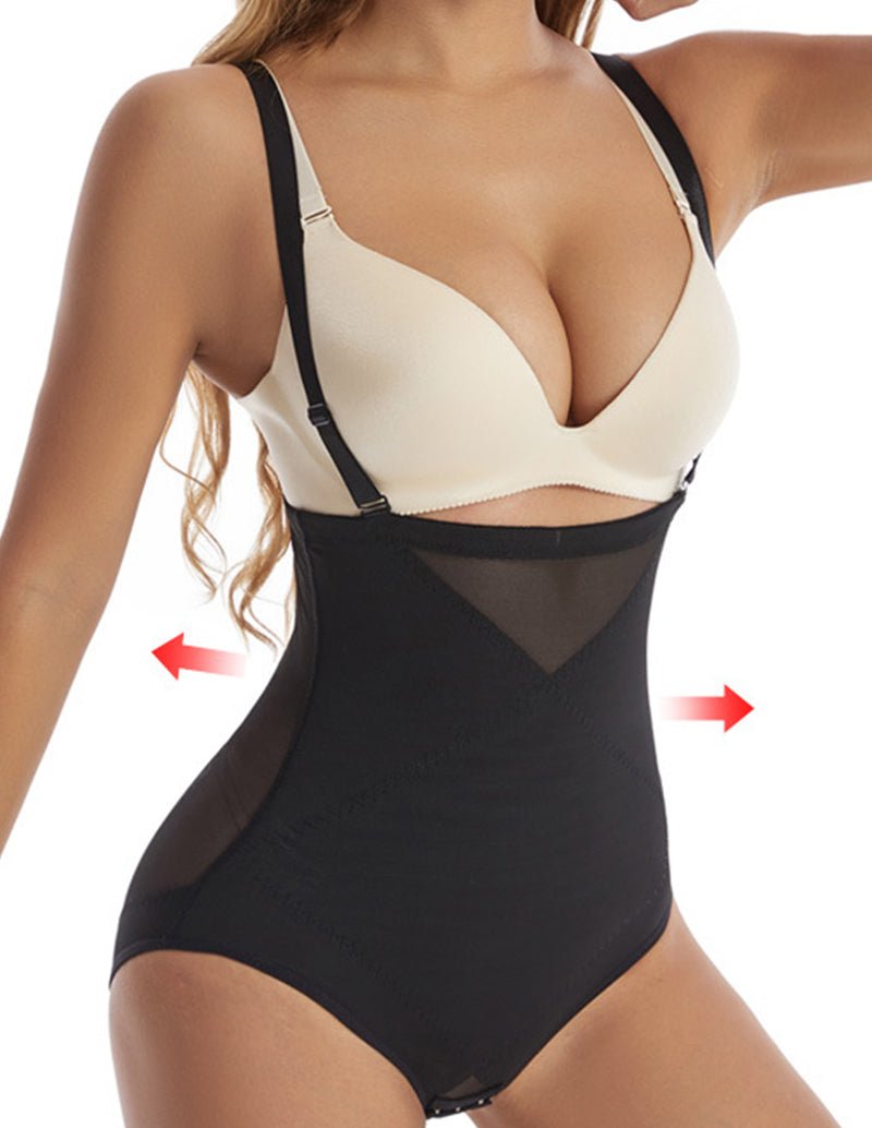 Black high-waist tummy control shapewear with underwire bra cups and sheer side panels