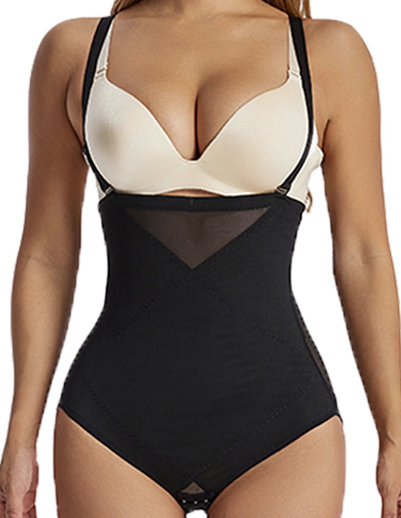 Black high-waist tummy control shapewear with underwire bra cups and sheer back panel