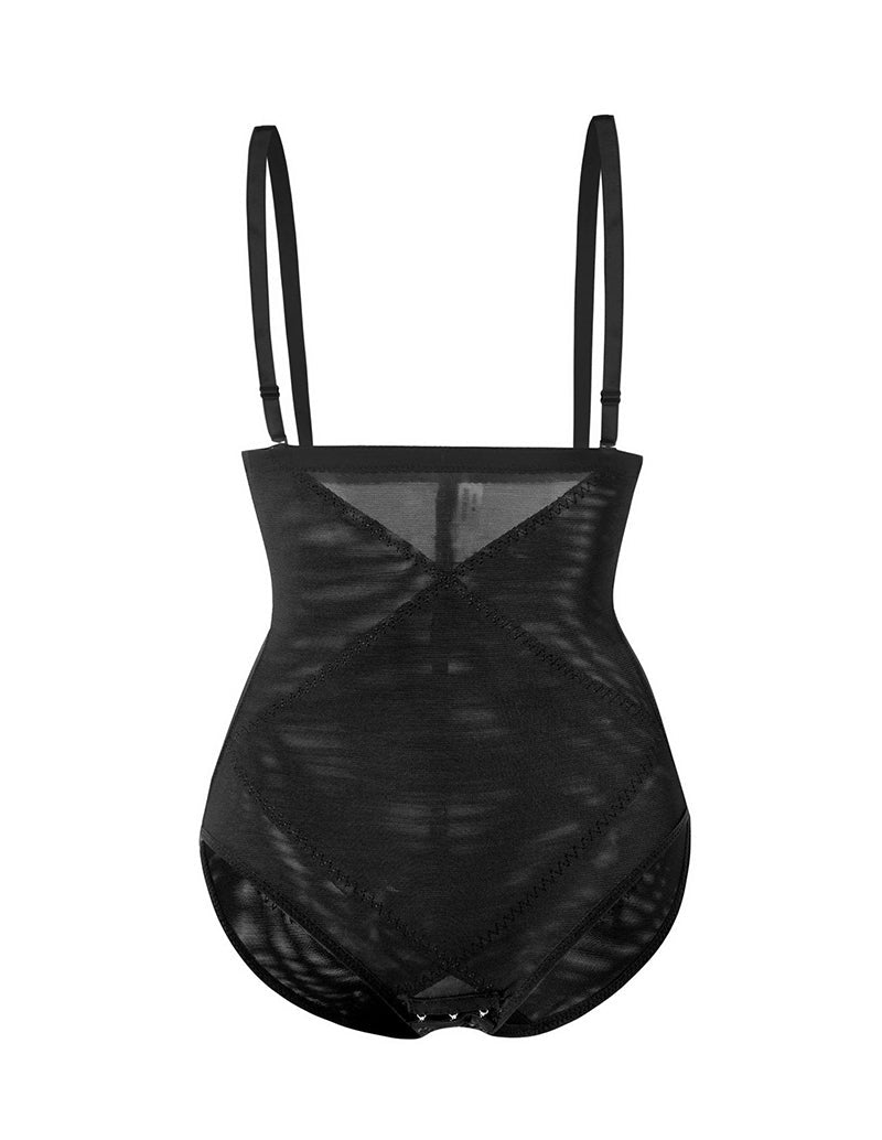 Black high-waist tummy control bodysuit with adjustable straps and smooth front panel