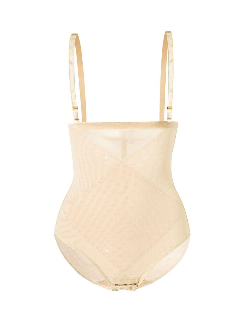 Beige high-waist tummy control bodysuit with adjustable straps and smooth front panel