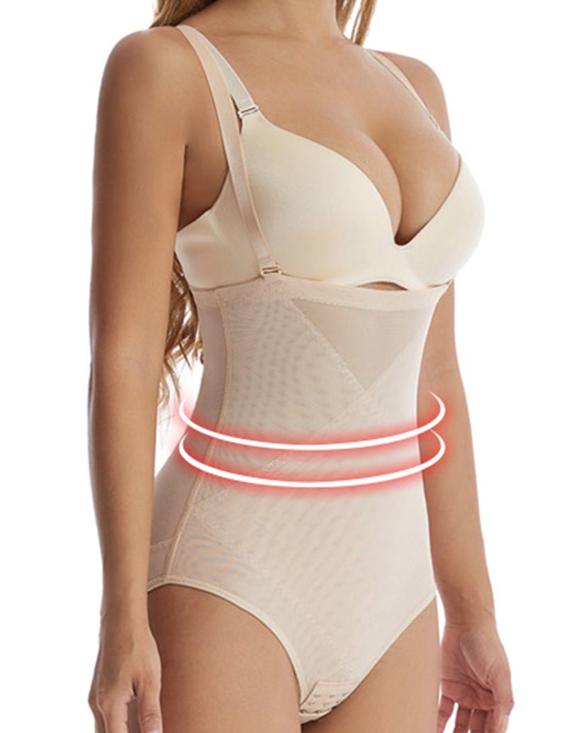 Beige high-waist tummy control shapewear with underwire bra cups and smooth tummy panel