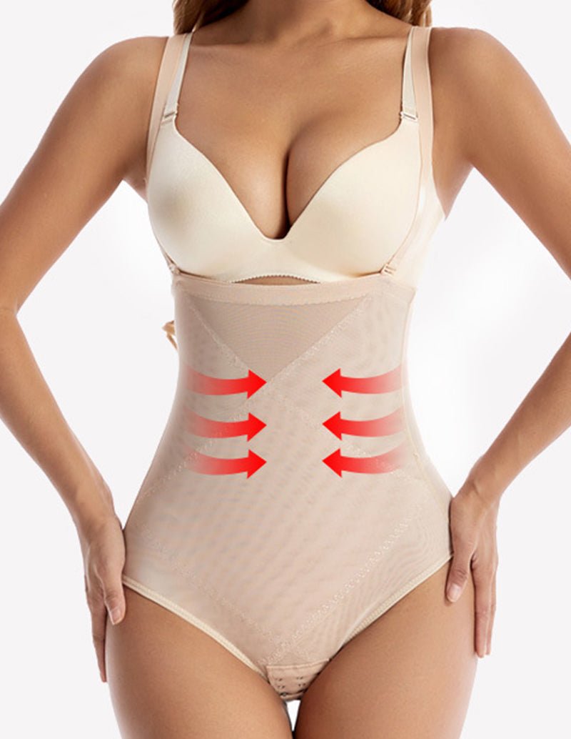 Beige high-waist tummy control shapewear with underwire bra cups and textured fabric