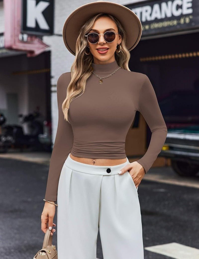Brown long-sleeve turtleneck thermal top, fitted silhouette and high collar