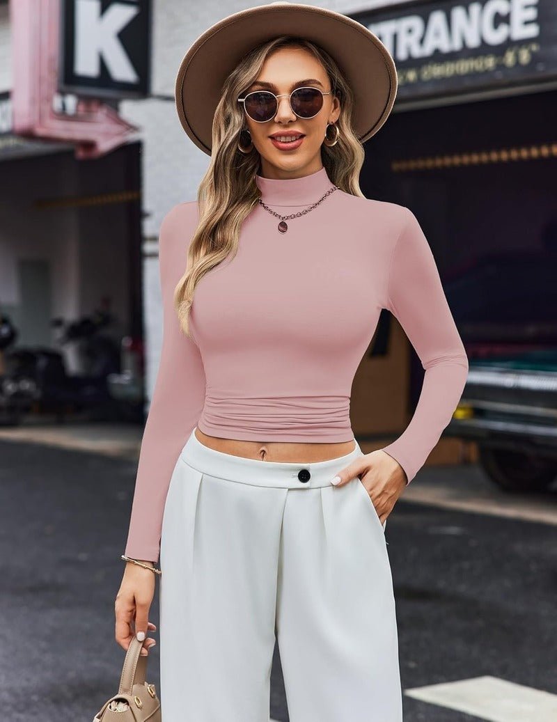 Dirty pink long-sleeve turtleneck thermal top with gathered waist