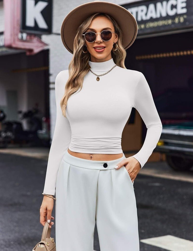 White fitted turtleneck long-sleeve thermal top with smooth front