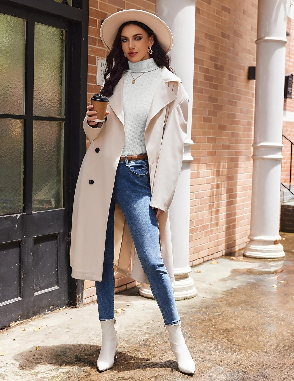 Ivory cream ribbed turtleneck long-sleeve top, worn with open coat