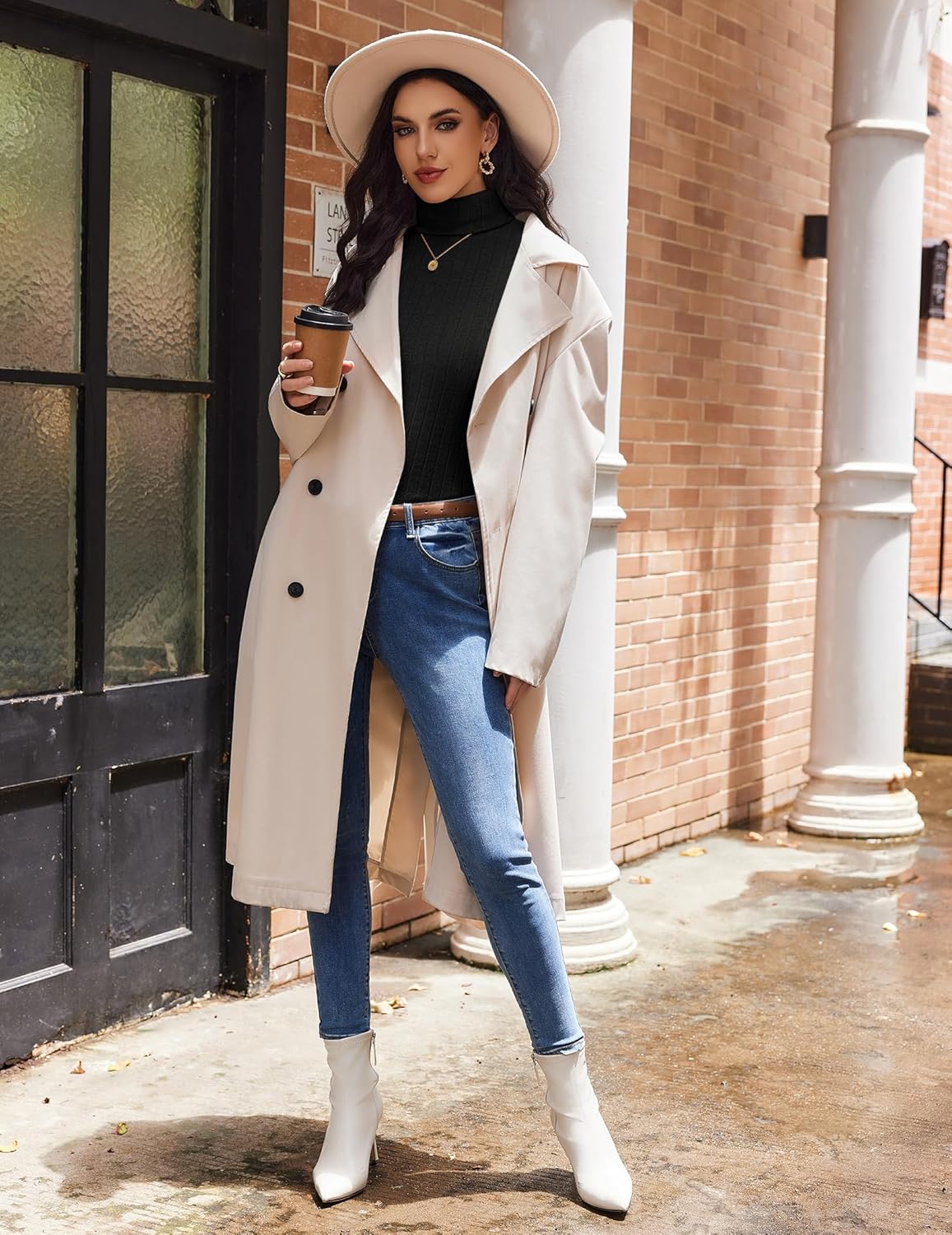Black ribbed turtleneck long-sleeve top, full-body side view