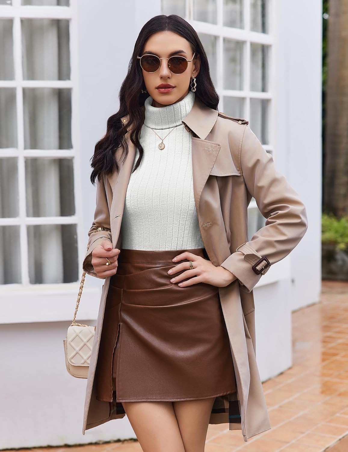 Light brown ribbed turtleneck long-sleeve top, front view