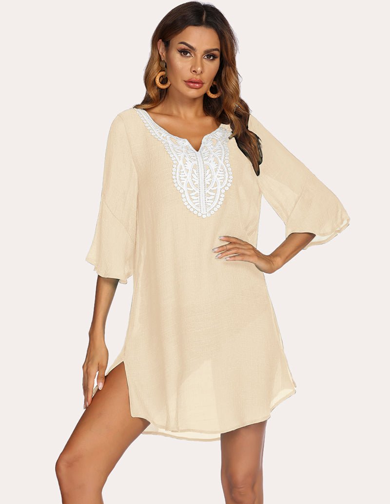 Beige lace crochet coverup dress with white lace yoke detail