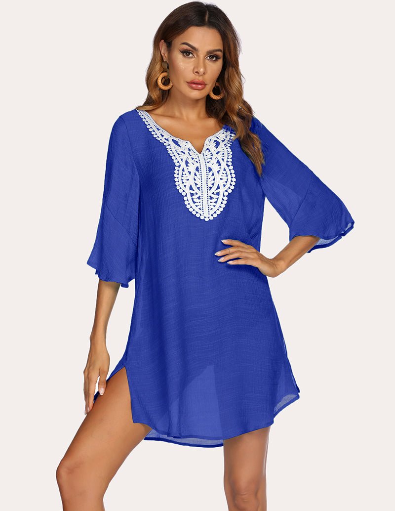 Dark blue lace crochet coverup dress with white lace neckline