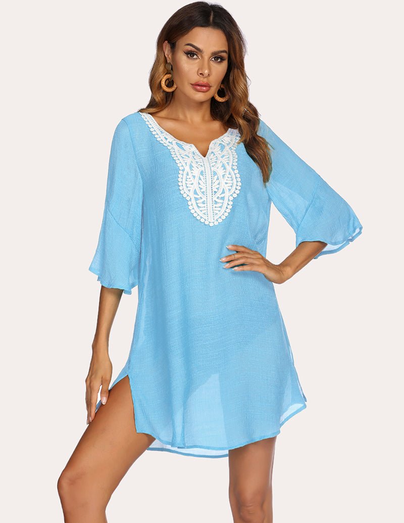 Light blue lace crochet coverup dress with white lace neckline
