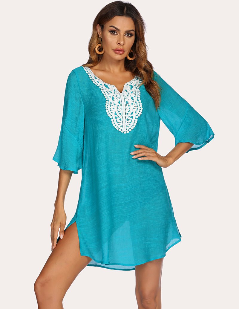 Peacock blue lace crochet coverup dress with white lace neckline