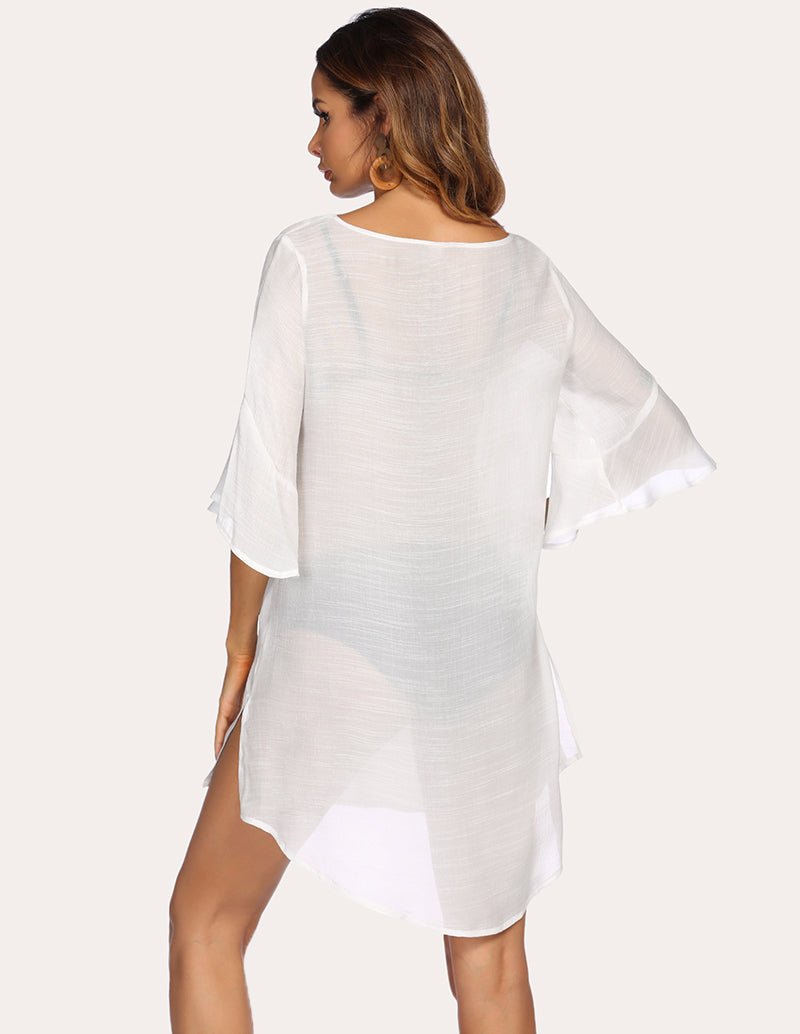 White lace crochet coverup dress back view with loose bell sleeves