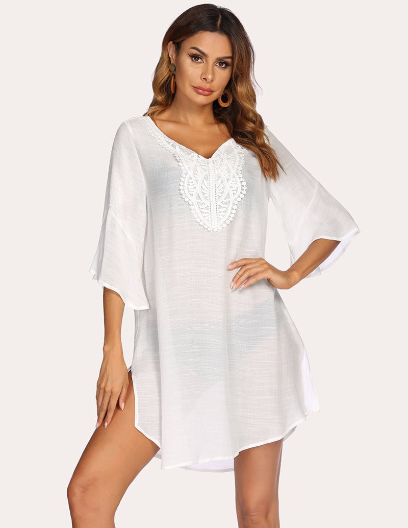 White lace crochet coverup dress with V-neck lace trim