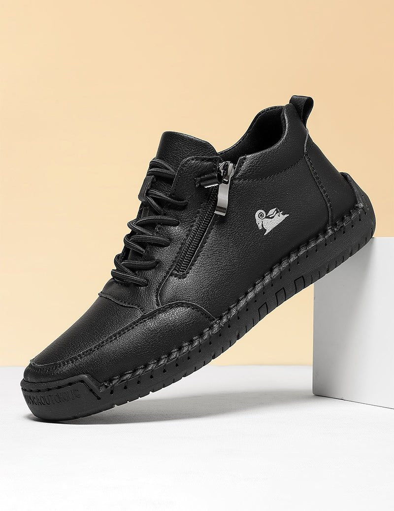 Schwarzer Unisex-Sneaker mit Reißverschluss, Schnürsenkeln und gestepptem Rand
