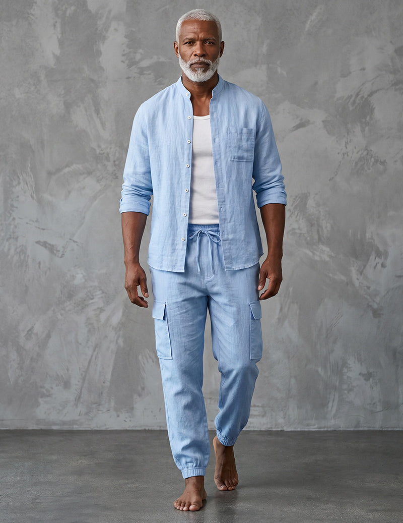 Men's Casual Linen Mandarin Collar Long Sleeve Shirt and Cargo Pants Two Piece Set