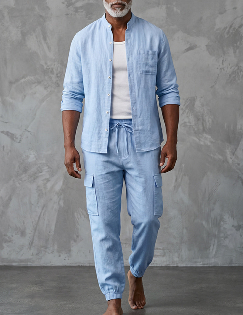 Men's Mandarin Collar Long Sleeve Shirt & Cargo Pants