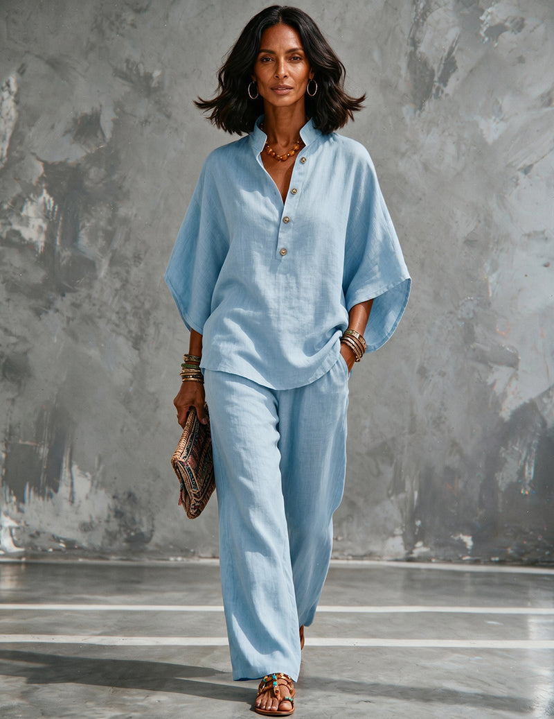 Linen Two Piece Set Mandarin Collar Batwing Sleeve Top & Wide Leg Pants