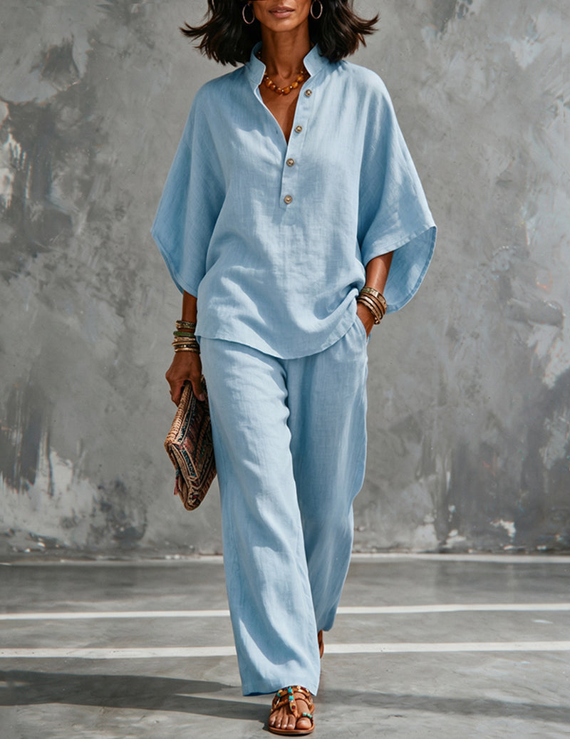 Linen Two Piece Set Mandarin Collar Batwing Sleeve Top & Wide Leg Pants
