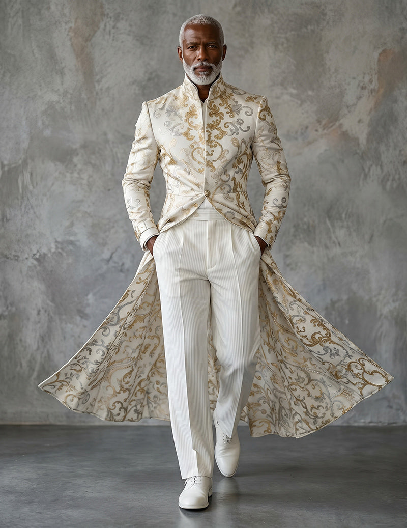 White men’s tailcoat with mandarin collar and gold baroque scroll pattern, full-length view.