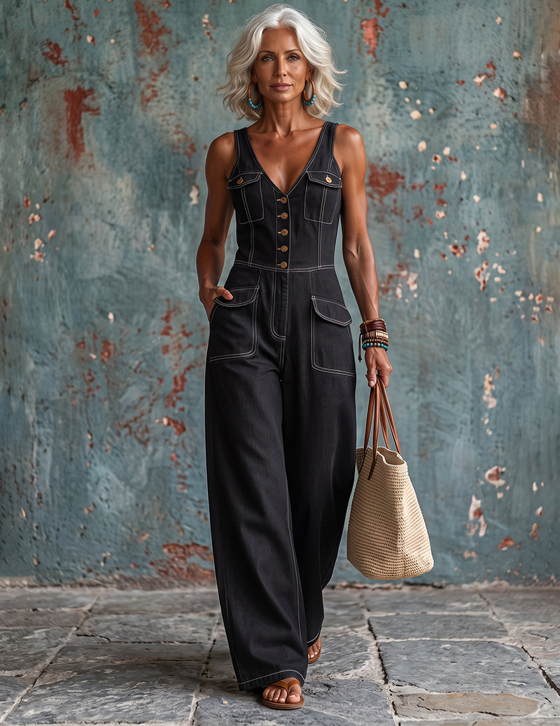 Dark denim sleeveless V-neck jumpsuit with wide legs and buttoned patch pockets