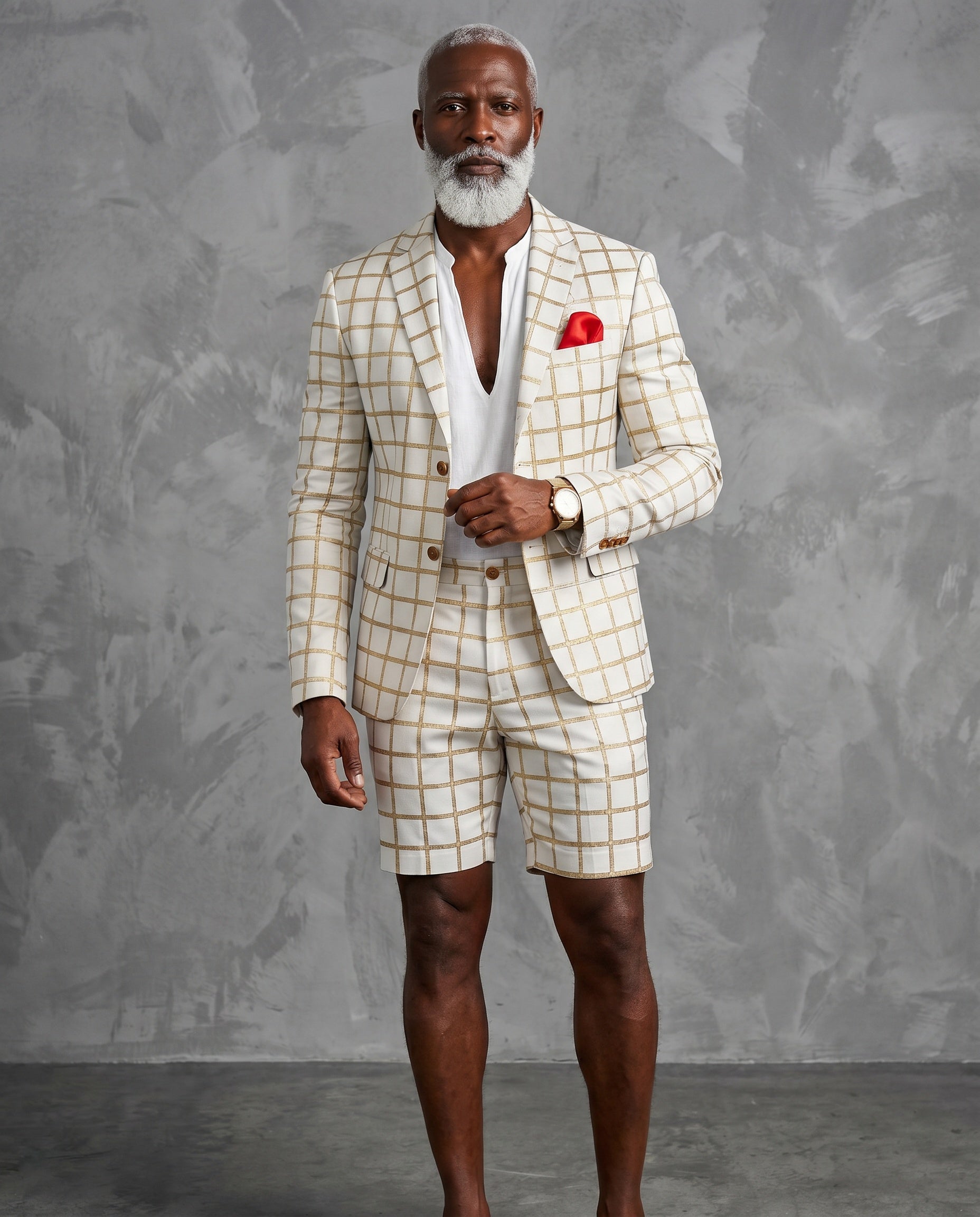 Men's Checkered Formal Blazer and Shorts Two Piece Suit Set