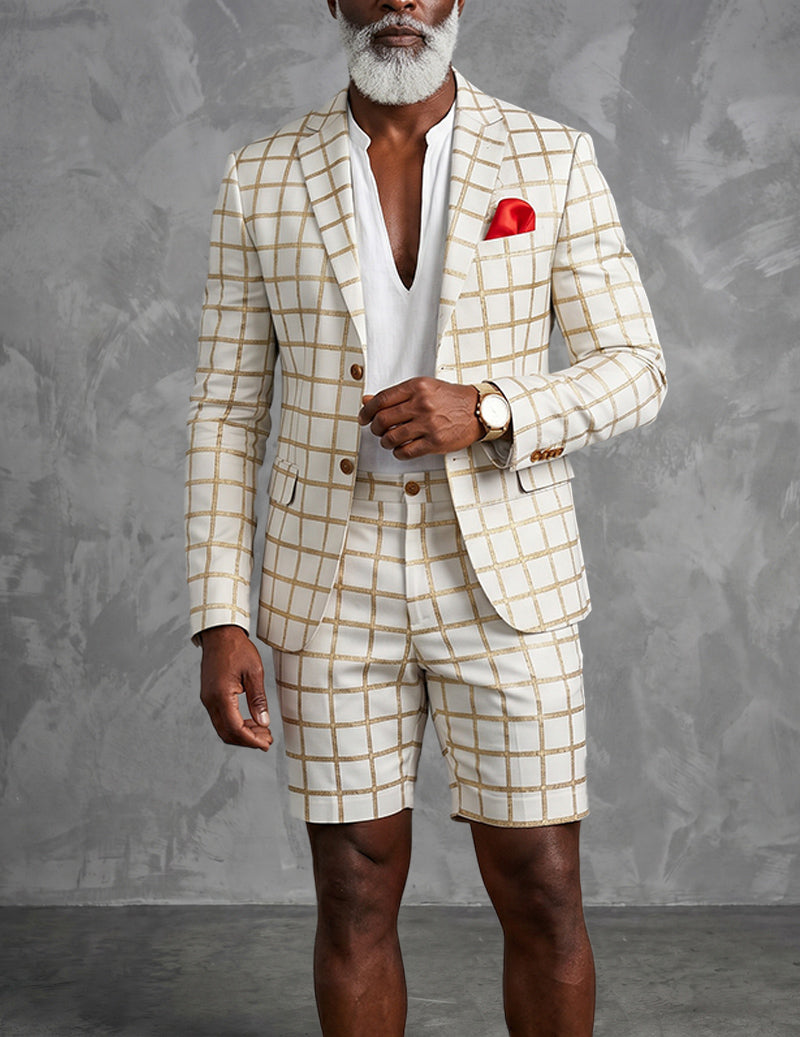 Men's Checkered Formal Blazer and Shorts Two Piece Suit Set