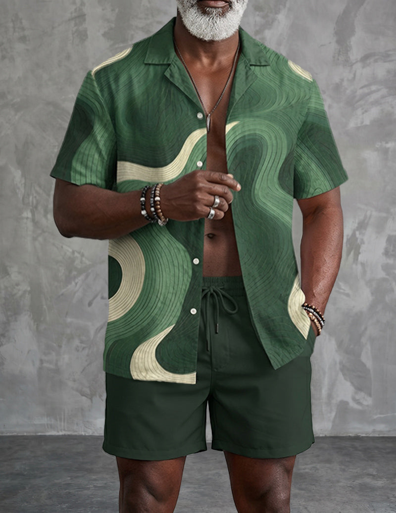 Men's Hawaiian Shirt and Shorts Set Abstract Wave Print Outfit