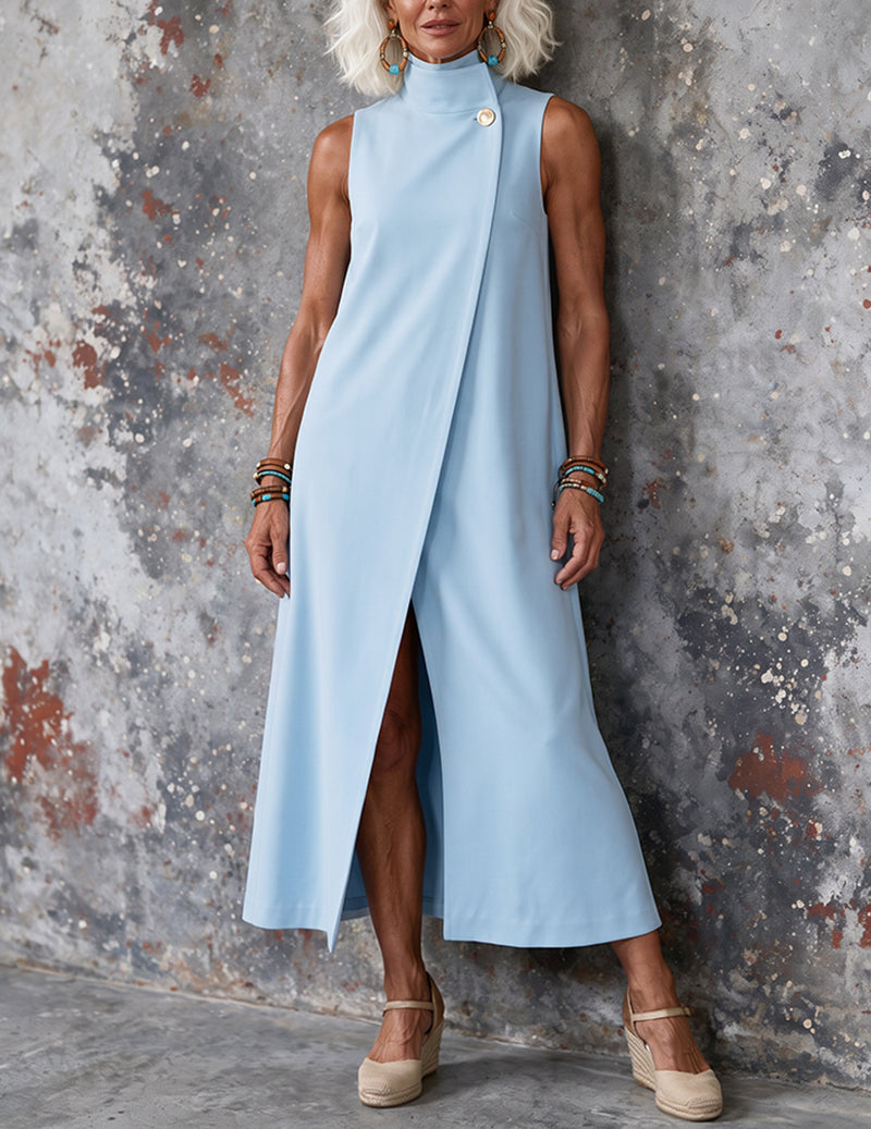 Light blue sleeveless mock neck A-line maxi dress with button detail and front slit