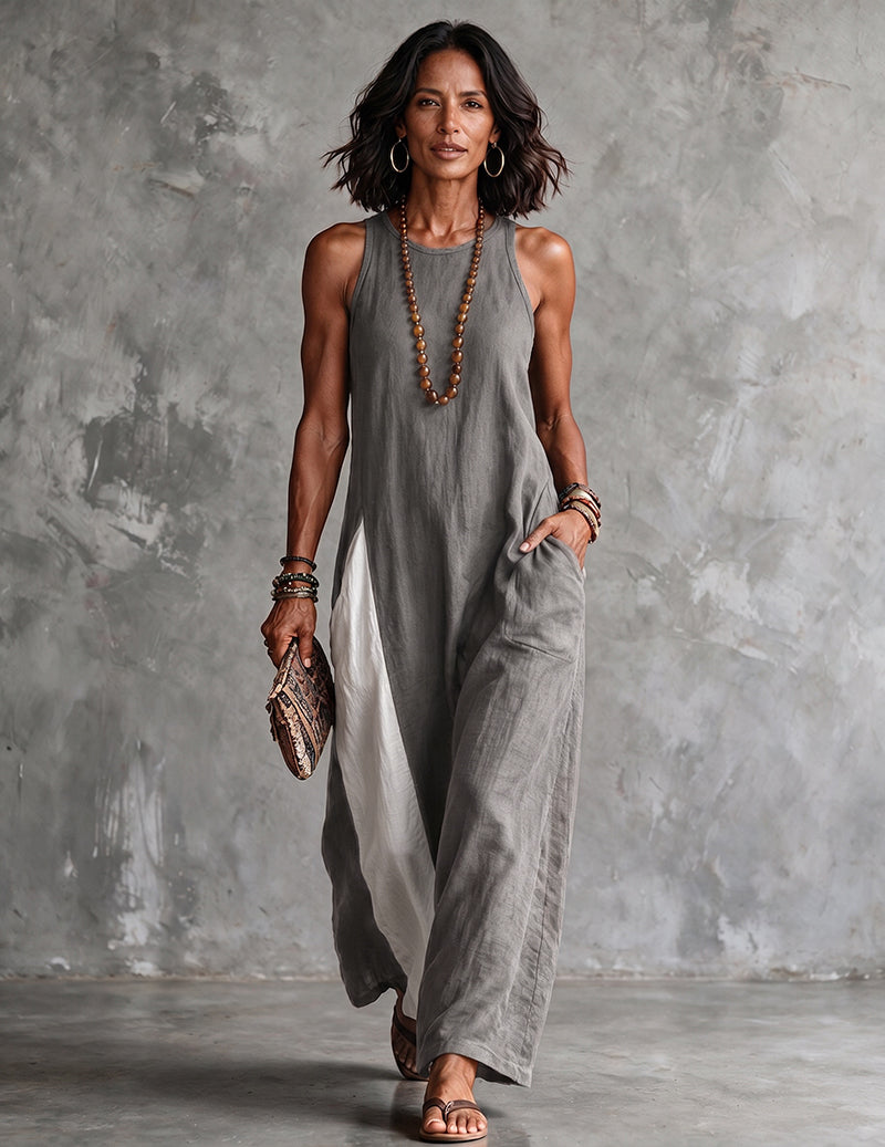 Grey asymmetric sleeveless maxi dress with side slit and white color-block panel