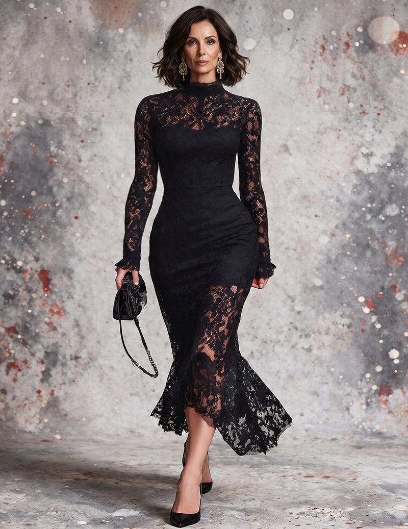 Lace Maxi Dress Long Sleeve Sheer Floral Lace Evening Gown Formal Dress